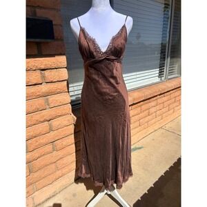 Y2K Max and Cleo Brown Silk Lace Sequin Slip Dress Empire Waist Midi Sz 6 Prom